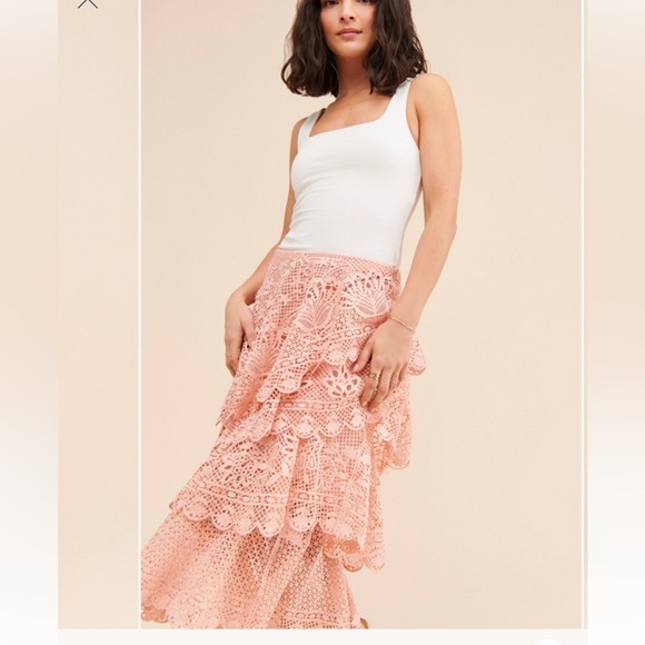 FARM Rio Peach eyelet Tiered Midi A-Line Skirt asymmetric hem sz L side zip - Picture 3 of 10